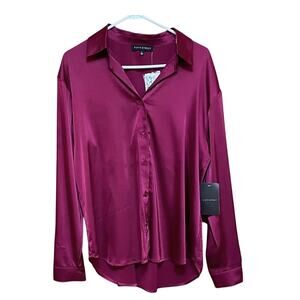 NWT. Fifty Street Satin Burgundy Button-Up Shirt. L